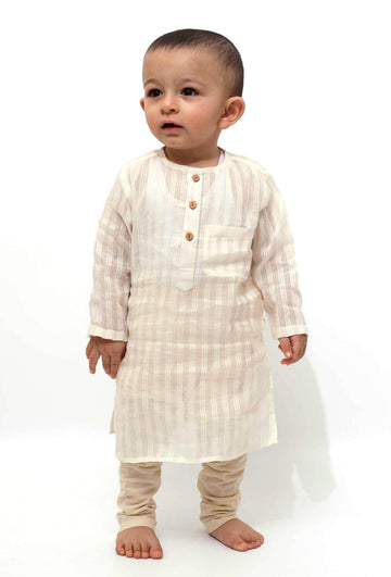 Set of 2 - Off-White Stripe Weave Malmal Kurta Pyjama